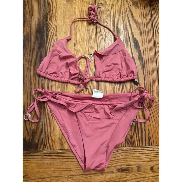 Soluna Swim Mauve Triangle Top Ruffle Tie Side Bikini Bottom Set Two Piece Small - Picture 1 of 5
